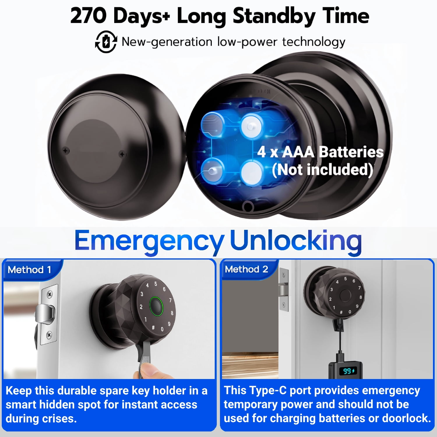 Door Knob,Blacksmith Smart Door Knob With 4 Ways Quick Unlock,Fingerprint Door Lock,Smart Door Lock for Home, Apartment, Office,Bronze