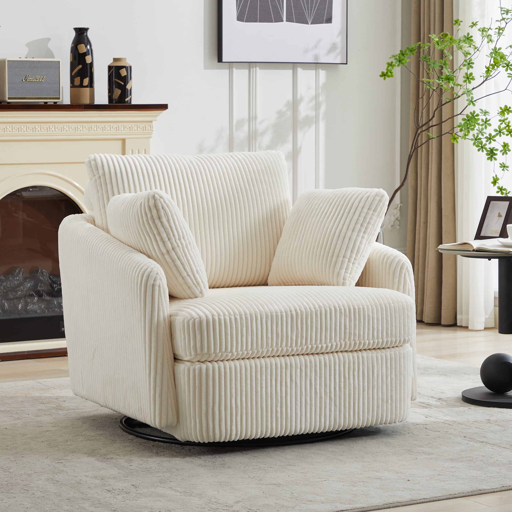 Leumius 360° Swivel Accent Chair with 2 Throw Pillows,40.55''W Corduroy Accent Chair Armchair,Comfy Upholstered Single Sofa Chair for Bedroom Living Room,Ivory