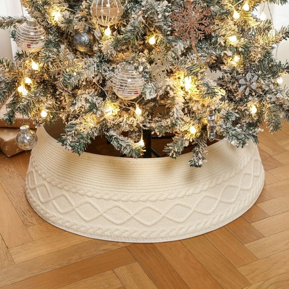 Sinkoo 28" Knitted Christmas Tree Collar, Cream Crossed Diamond Edge Chunky Cable Knit Christmas Tree Collars for Artificial Trees, Farmhouse Rustic Tree Ring Tree Skirt for Christmas Home Décor