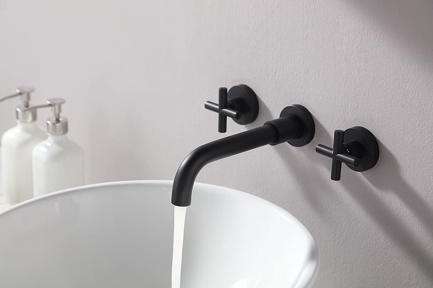 MAYEERTY Wall Mount Bathroom Faucet for Vessel Sink with 2 Cross Handles, Solid Brass, Matte Black