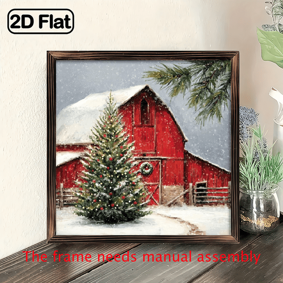2D Flat, 1pc Rustic Farmhouse Barn Christmas Tree Wooden Sign, 8x8 inch Framed Winter Decor, Recycled Wood Wall Hanging for Home, Kitchen, Bedroom, Cafe - Holiday Gift for Christmas, Thanksgiving,