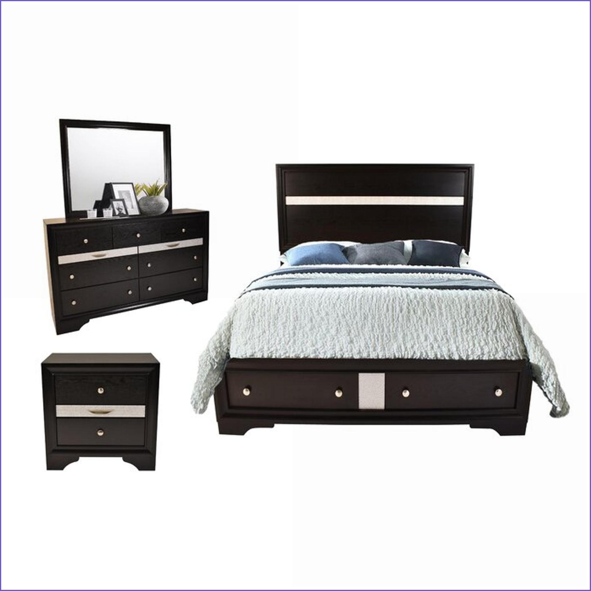 Bedroom Set for Master/Guest Room, Traditional Queen 4 PC Storage in Black Engineered Wood | Black | Wood
