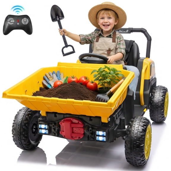 Joyracer 24 Volt Ride on Toys, Metal Frame Ride on Dump Truck for Kids with Remote, Bluetooth, Dump Bed, Shovel, Power Truck Wheels for Toddlers, Yellow