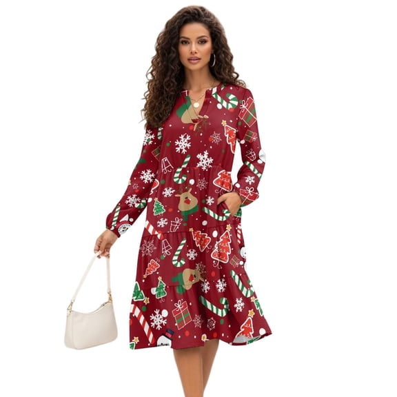 Uorisanigo Christmas Reindeer Dresses for Women Size S Long Sleeve Waist Elegant Dress with Pockets Cozy Christmas Dresses for Women Midi Casual Dress