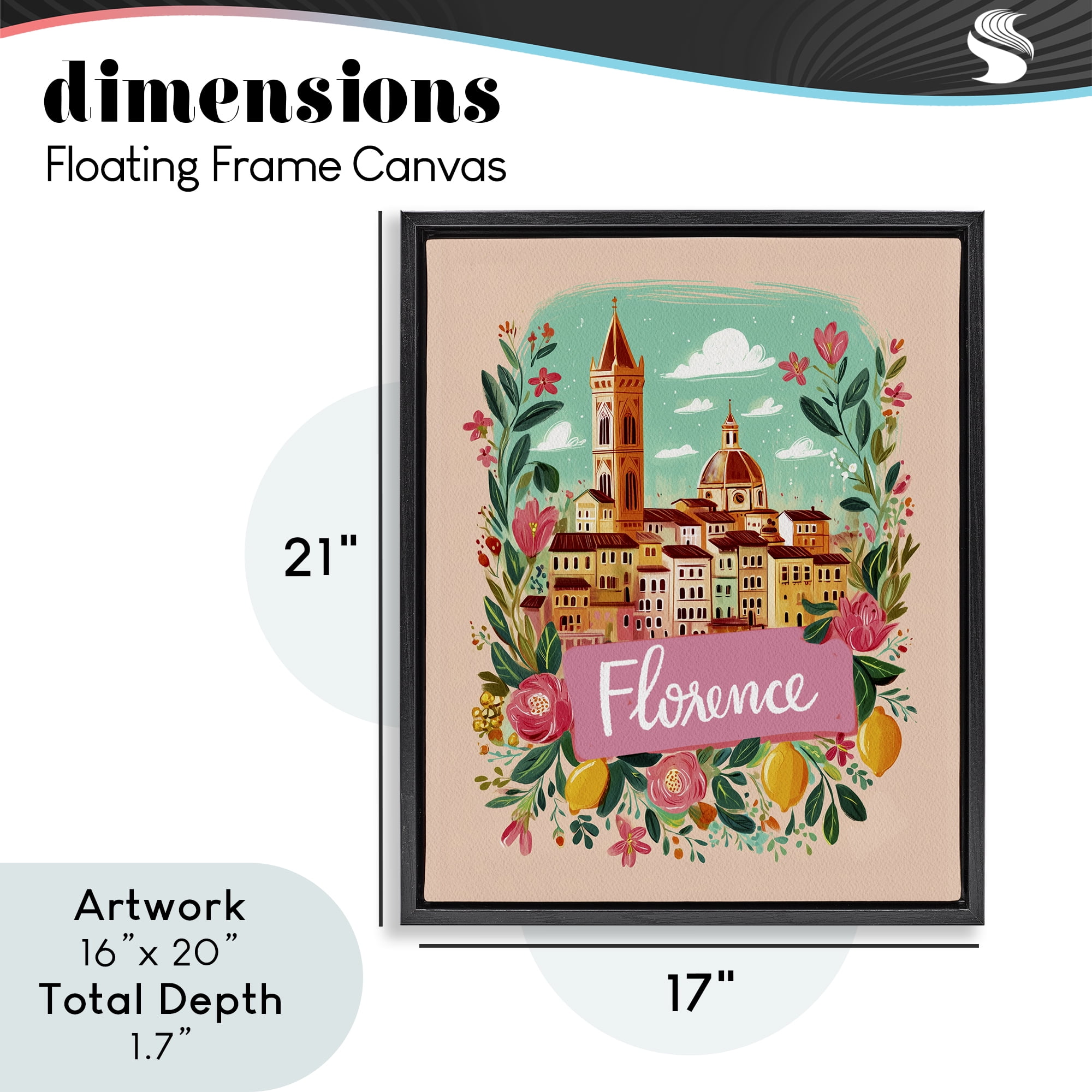 Floral Bordered Florence Black Framed Floater Canvas Wall Art, design by Yen