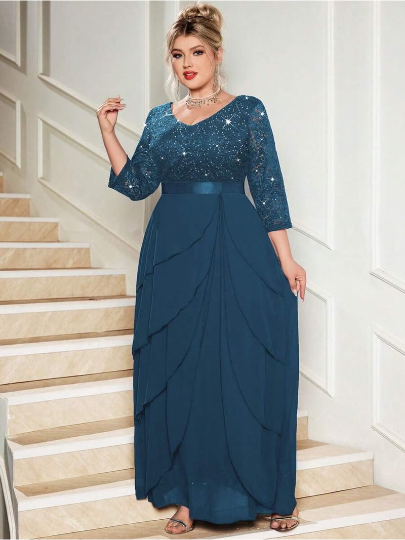 Dusty Blue Plus Size V-Neck Sequin Lace 3/4 Sleeve Ruffle Hem Chiffon Maxi Dress For Formal Party Wedding Guest