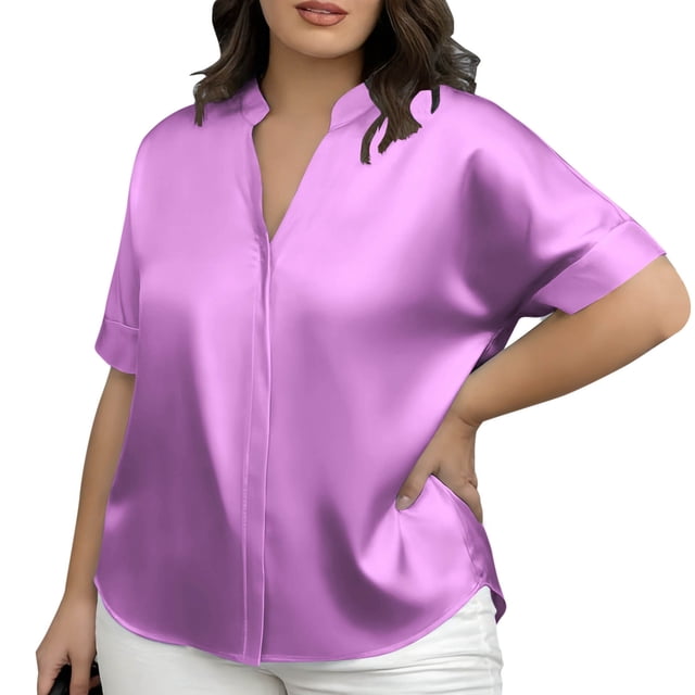Womens Plus Size Short Sleeve Tops Solid Color Round Neck Casual T-Shirt Soft Breathable, Womens Plus Size Summer Tops