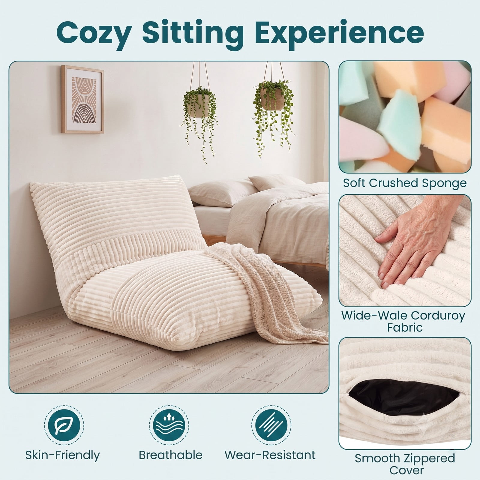 Furnibear 3-in-1 Large Bean Bag Chair, Convertible Corduroy Lounger Sofa Bed with Soft Sponge Fill and Zip-Off Washable Cover for Living Room Bedroom Dorm, Beige