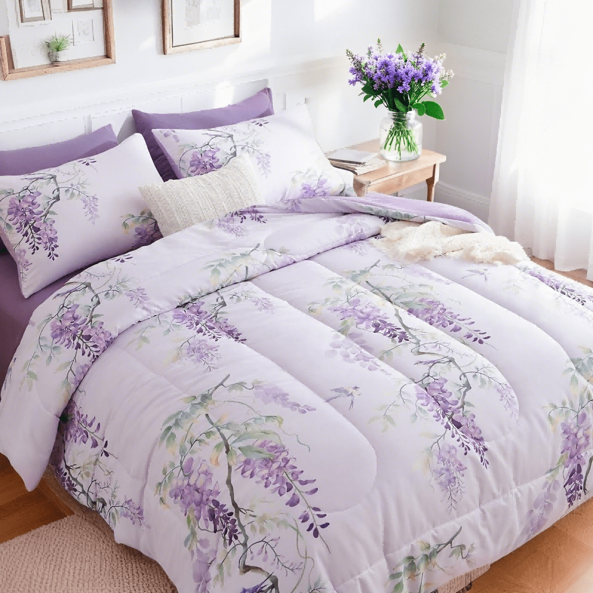 JOLUSERE Romantic Wisteria Comforter King Sets, 3 Pieces Chic Botanical Purple Floral Reversible Comforter for All Season