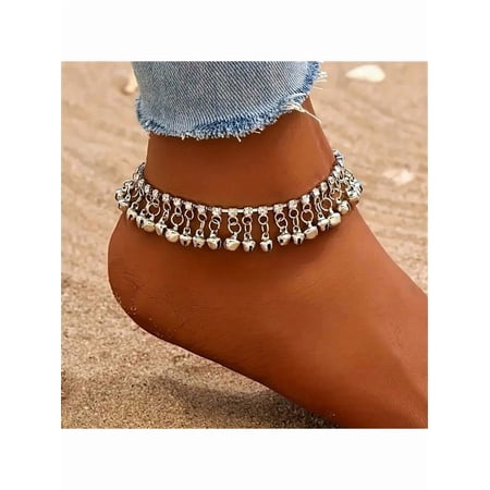 Silver Vintage Bell Tassel Pendant Chain Anklet Bohemian Style Foot Jewelry