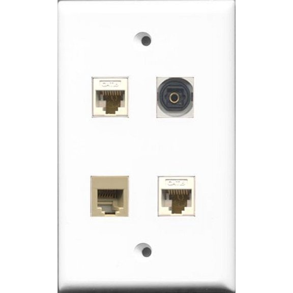 RiteAV 1 Port Phone RJ11 RJ12 Beige and 1 Port Toslink 2 Port Cat6 Ethernet White Wall Plate