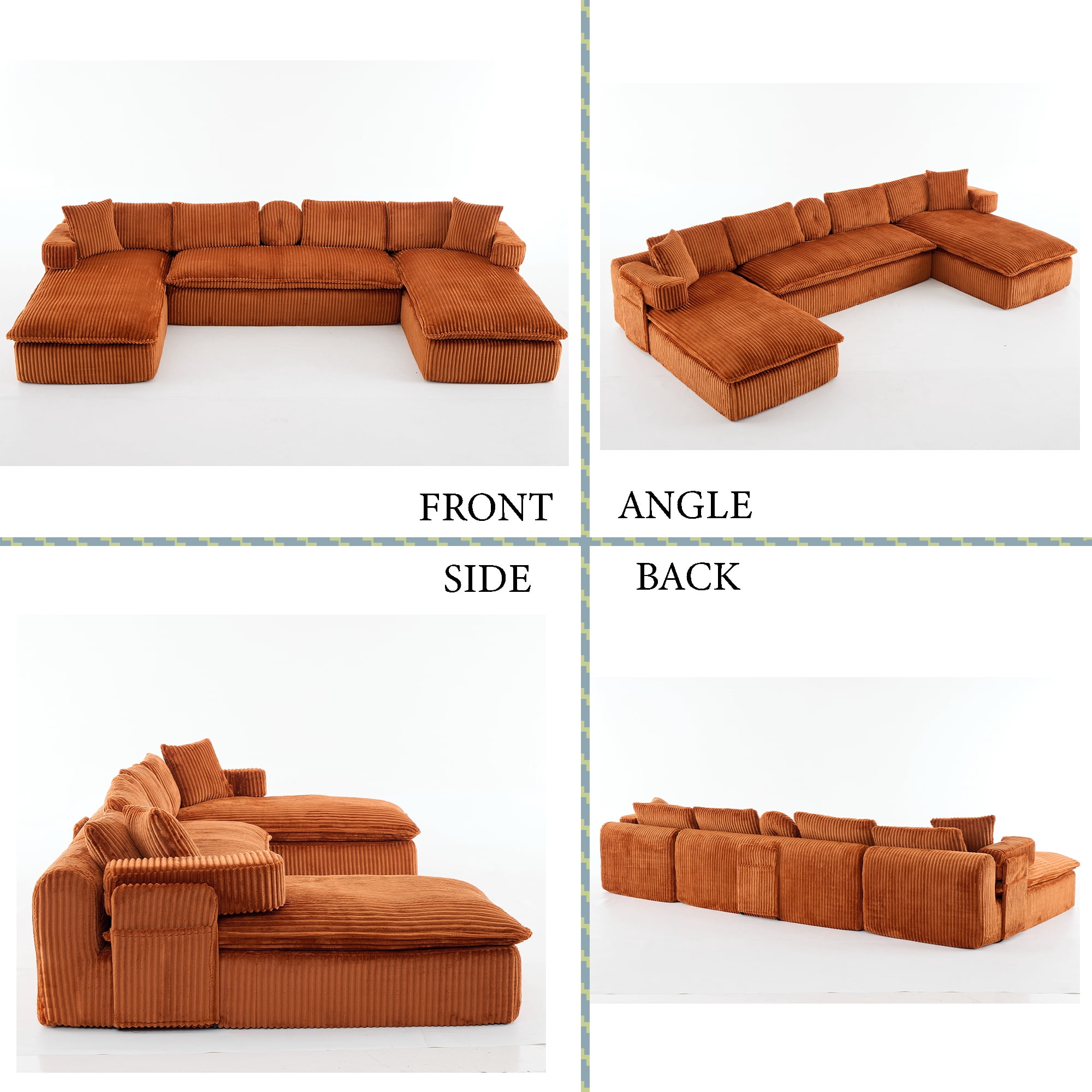 Howcool 149"W Oversized Modular Sectional Sofa,7-in-1 Corduroy U Shaped Sofa Couch with Double Chaise Lounge,Convertible Sleeper Sofa Bed,Deep Seat Cloud Couch for Living Room,Orange