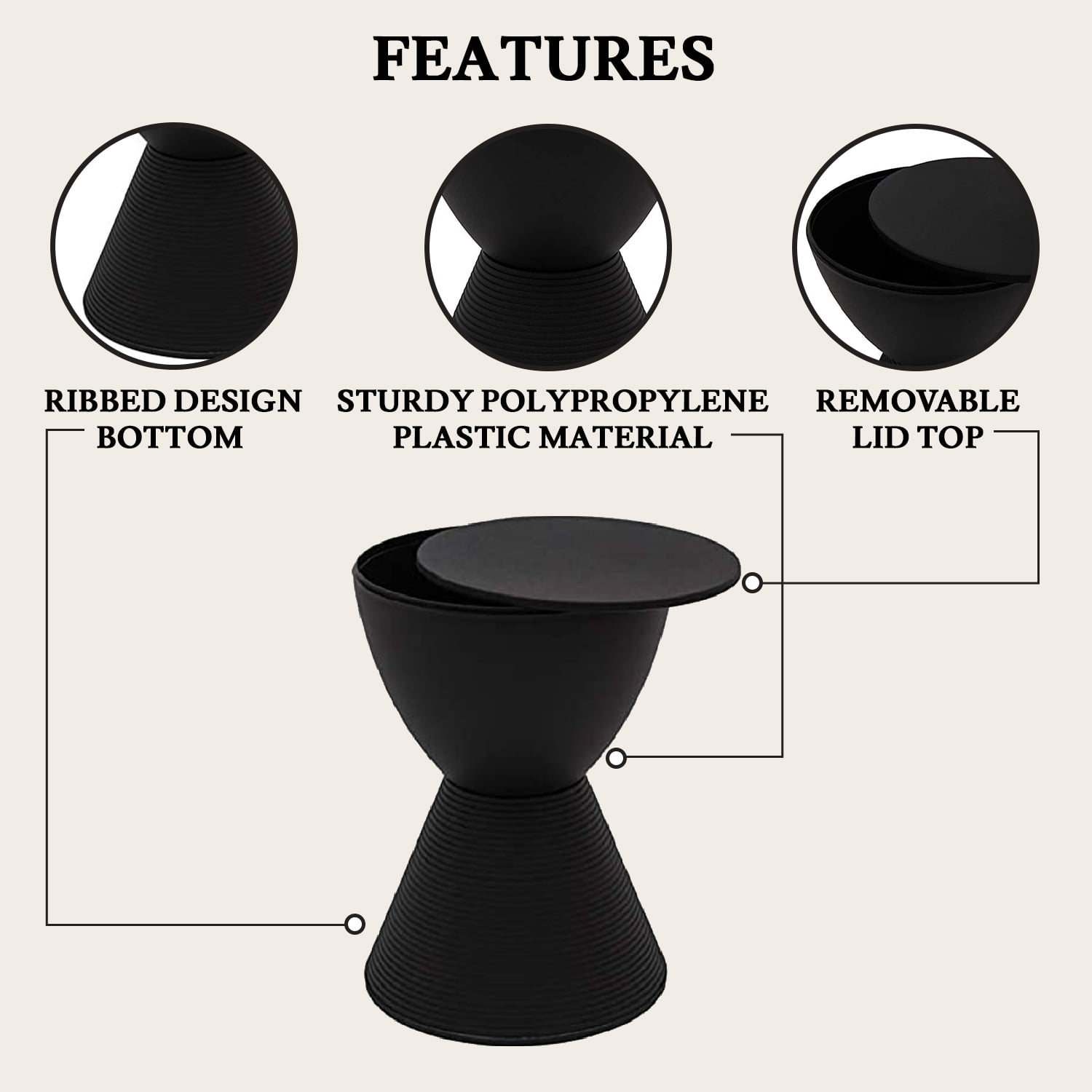 LeisureMod Side Table Modern Hourglass End Table Compact Accent Drum Table with Removable Lid for Storage Indoor and Outdoor Use Boyd Series in Black