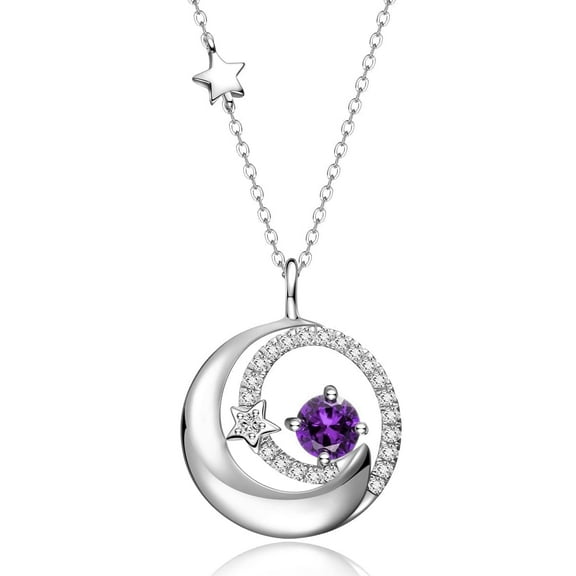 Fanci Me 925 Sterling Silver February Birthstone Amethyst Necklace Moon Star Pendant Purple Gemstone Jewelry Birthday Anniversary Christmas Gifts for Women Daughter
