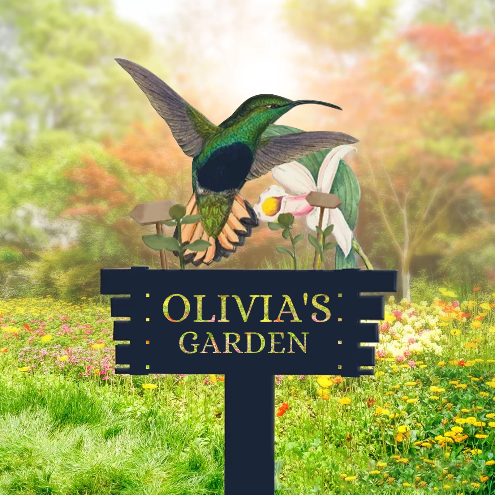 Personalized Humming Bird Flowers Garden Sign, Custom Metal Garden Signs for Outside, Custom Colorful Bird Garden Decor Art Yard Signs with Stakes, Custom Metal Name Sign Gift for Gardeners(10inches)