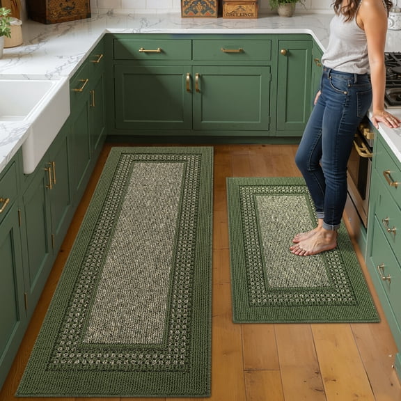 hicorfe Vintage Kitchen Runner Rug Set, 20"x48" 20"x32", Non Slip Washable, Green, 2 Count