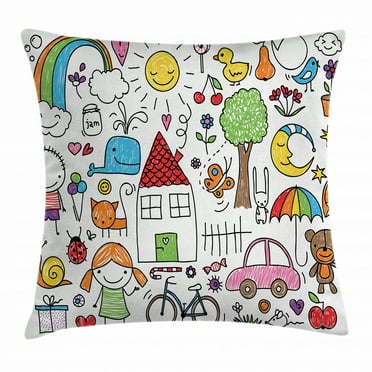 Doodle Throw Pillow Cushion Cover, Simple Childlike Drawing of House Girl and Boy Teddy Bear and Various Other Things, Decorative Square Accent Pillow Case, 20 X 20 Inches, Multicolor, by Ambesonne