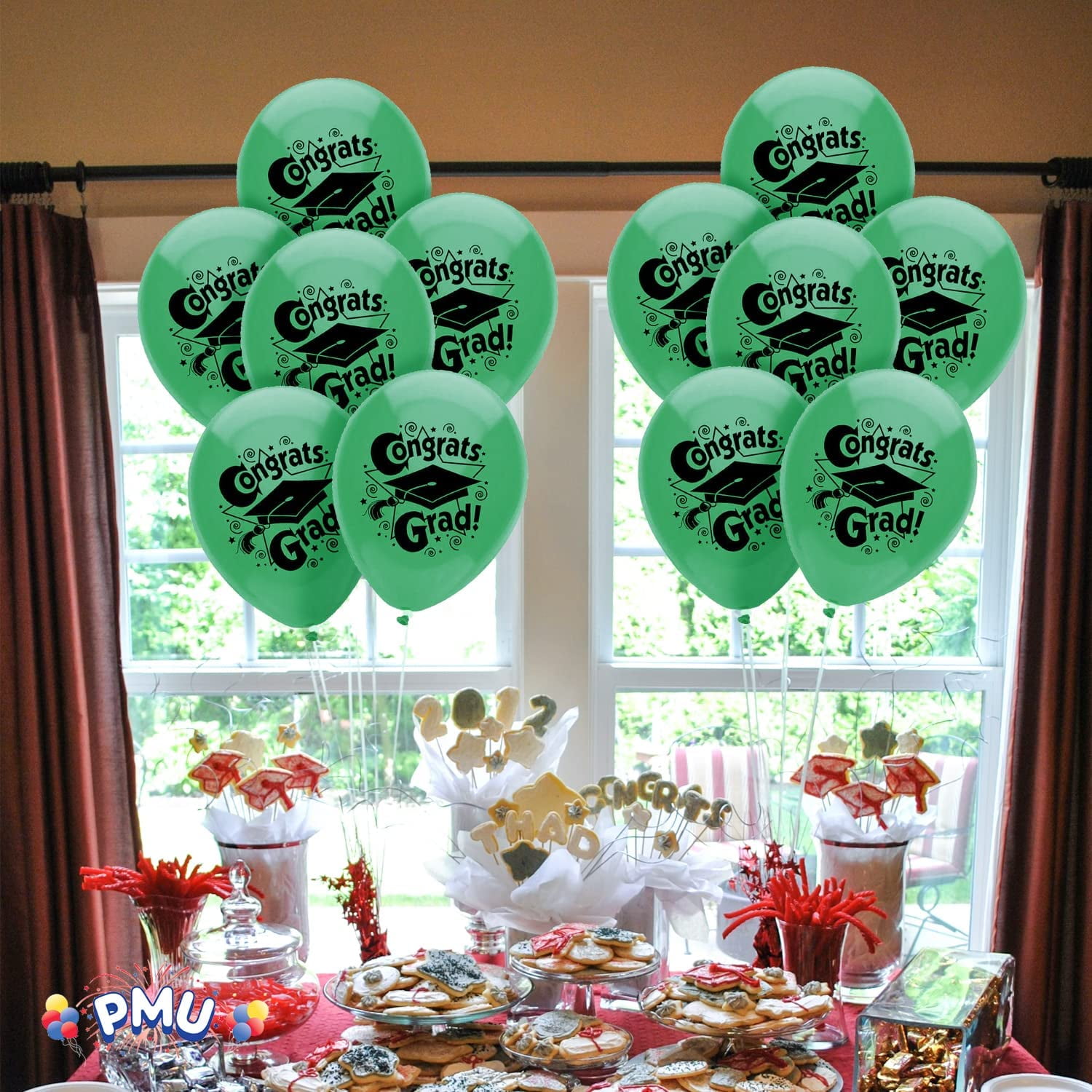 PMU 50 Pcs Graduation Balloons PartyTex 11 inch Premium Jade Green with All-Over Print White Grad Caps-Confetti and Streamers Graduation Party Decorations