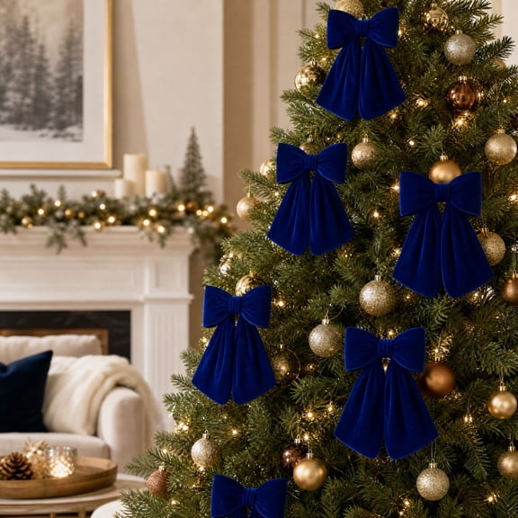 Velvet Christmas Bows ,Hanging Holiday Xmas Bows for Christmas Wreaths Decoration, 5.91x 5.91Inch Blue