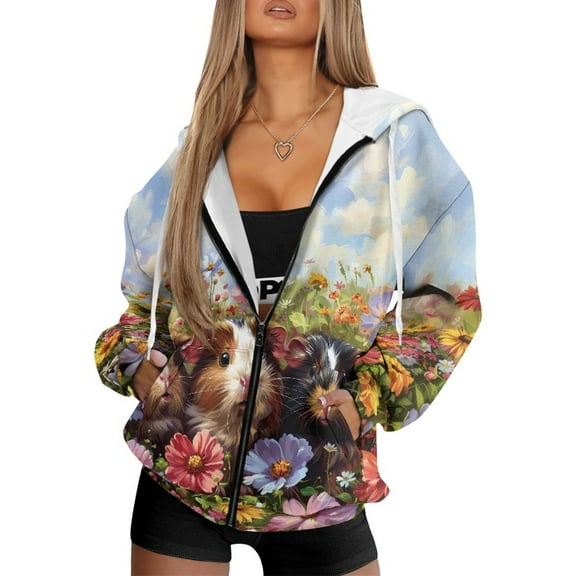 COEQINE Women's Full Zip Up Hoodie Oversized Fashion Sweatshirts Cute Guinea Pig and Floral Pattern Y2K Outfits Jacket Long Sleeve Fall Casual Wear Lightweight Tops with Pockets, XS