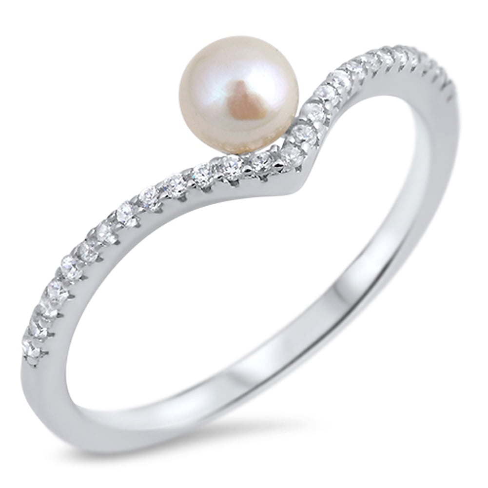 Sterling Silver Woman's Simulated Pearl Clear CZ Ring Cute 925 Band Sizes 4-10