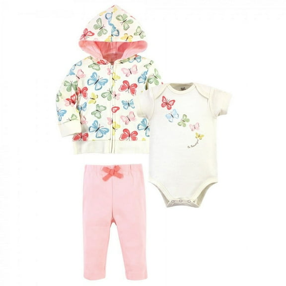 Touched by Nature Baby and Toddler Girl Organic Cotton Hoodie, Bodysuit or Tee Top, and Pant, Butterflies, 0-3 Months