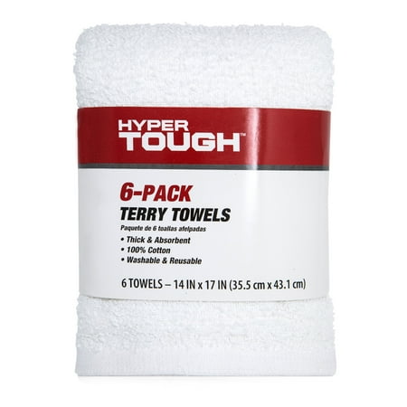 Hyper Tough 100% Cotton 14&Quot; X 17&Quot; All Purpose Terry Towels, 6 Pack, White Household Cleaning Cloths