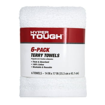 Hyper Tough 100% Cotton 14" x 17" All Purpose Terry Towels, 6 Pack, White Household Cleaning Cloths