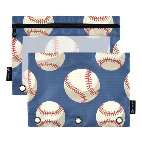 ALAZA 2 Pack Pencil Pouch Baseball Blue Pencil Case for 3 Ring Binder Clear Window Pencil Bag Organizers