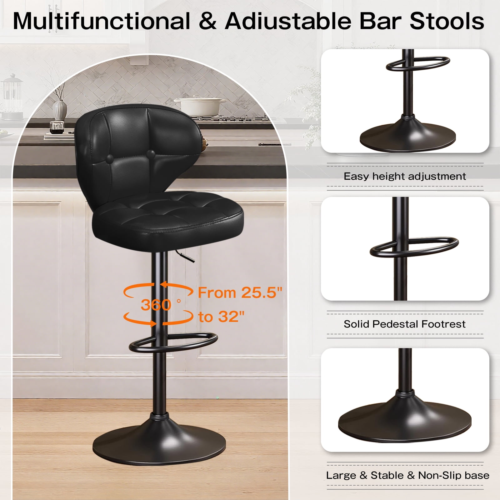 Bar Stools Set of 2, Adjustable Swivel Bar Chairs with 360° Rotation, Padded Counter Stools with Back and Footrest for Kitchen Island, Bistro, Cafe, and Home Use