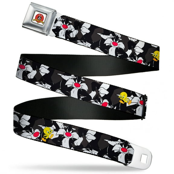 Looney Tunes Belt, Seatbelt Buckle Belt, Sylvester And Tweety Poses Scattered Charcoal, 30 to 44 Inches