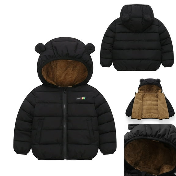 Baby Boys Winter Coat Little Boys Girls Puffer Coat Cute Black Bear Ear Hooded Jackets with Pockets Zipper Windproof Jacket Outwear for Baby Child Down Jacket Baby Winter Clothes 2T