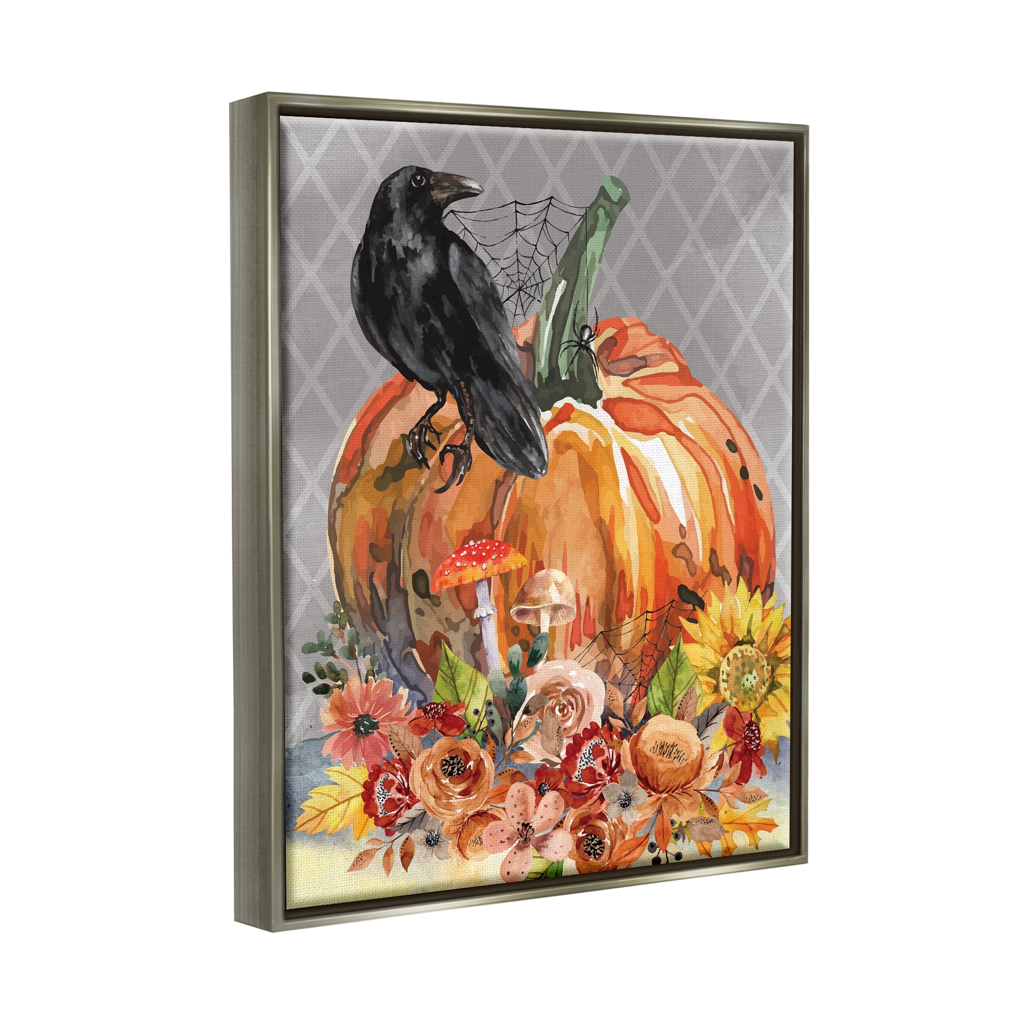 Stupell Industries Autumn Crow Pumpkin Botanicals Holiday Painting Gray Floater Framed Art Print Wall Art