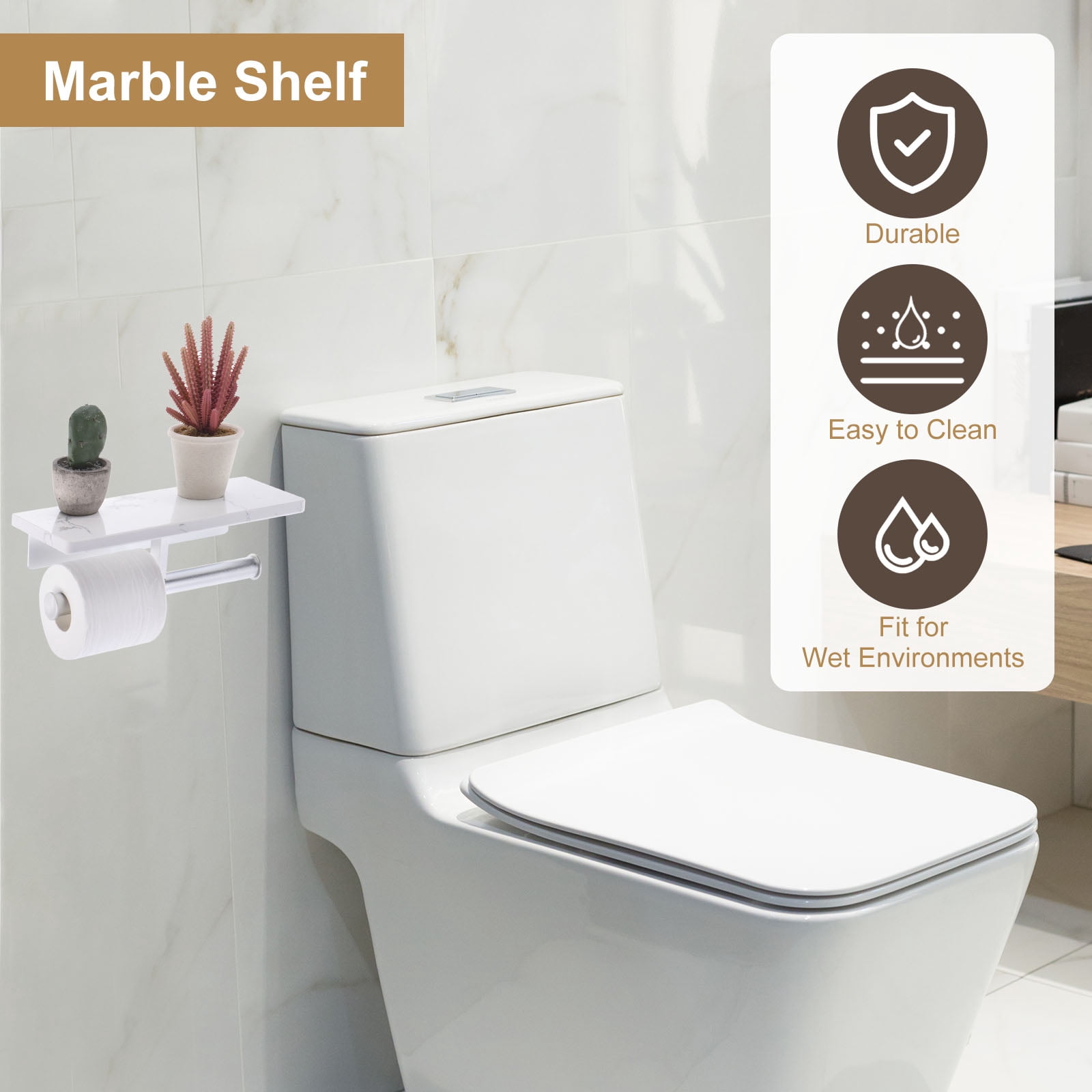 Unique Bargains Toilet Paper Holder with Marble Shelf Modern Design for Bathroom Silver