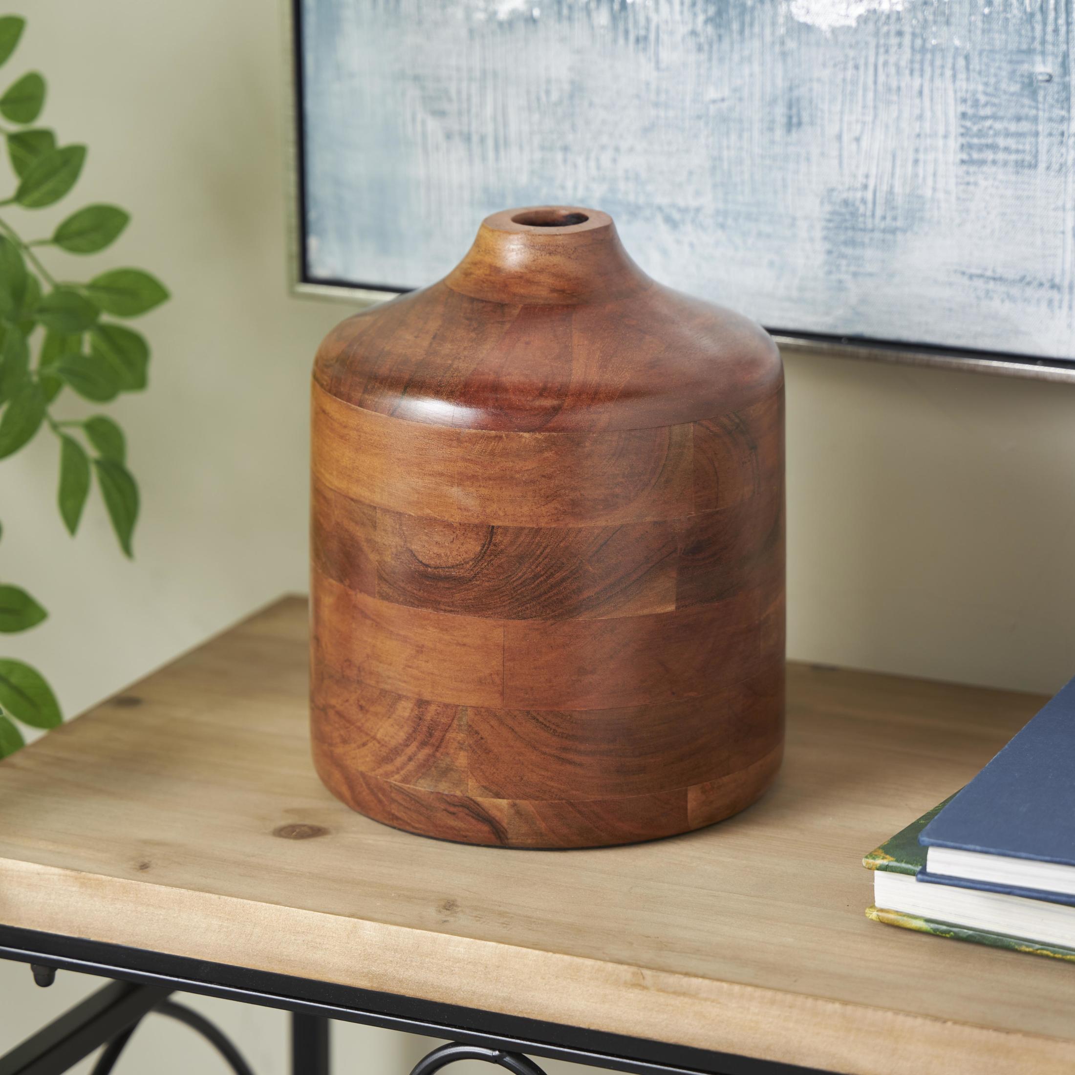 DecMode 9" Brown Wood Vase with Mosaic Strips and Natural Wood Grains
