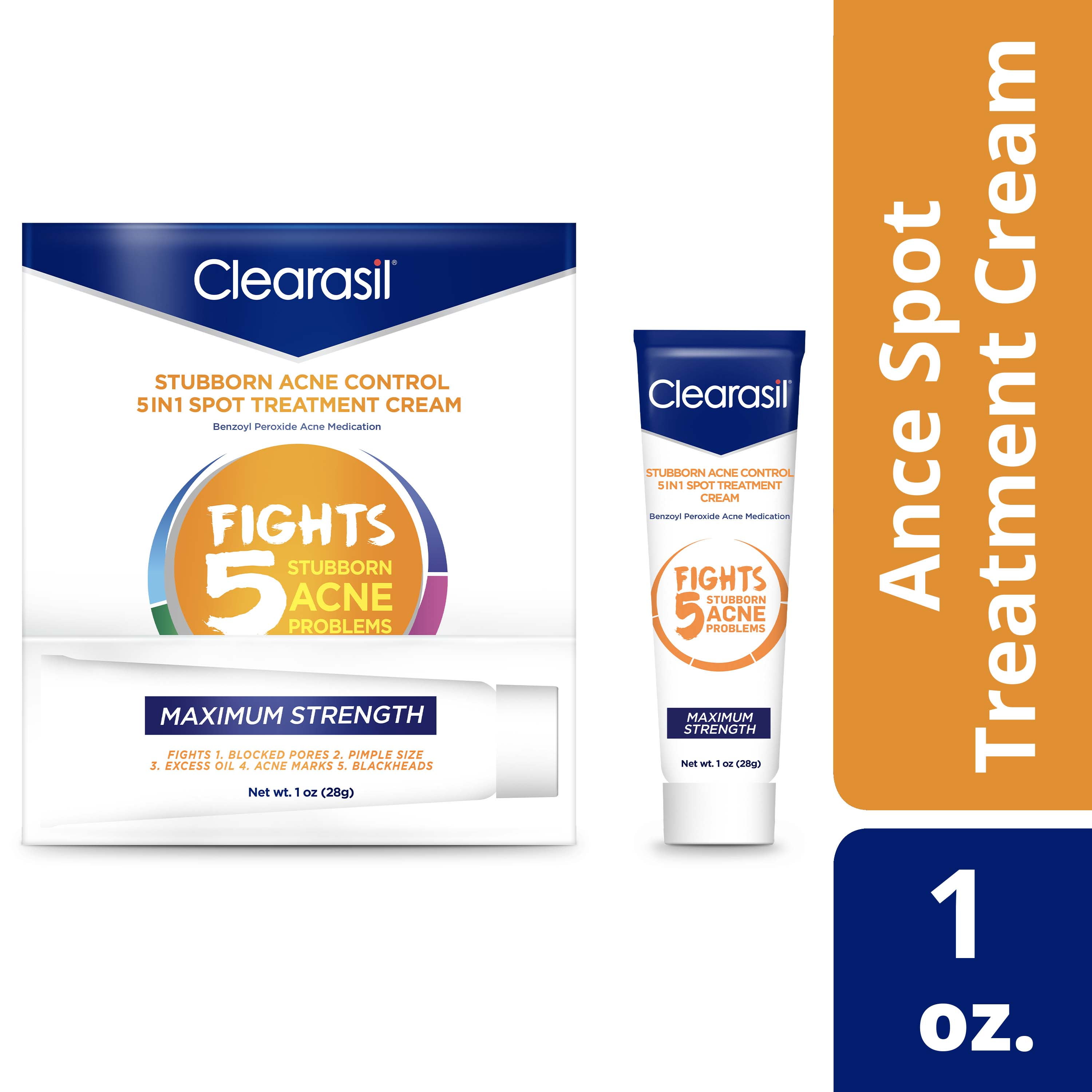 Clearasil Stubborn Acne Control 5in1 Spot Treatment Cream, Maximum Strenght with 10% Benzoyl Peroxide, Acne Medication, 1 oz