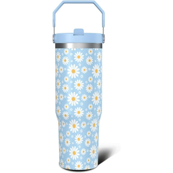 Daisy Gifts Tumbler for Women Girls, Stainless Steel 30oz Tumbler with Top Handle and Flip Straw, Daisy Flowers Cup Mug, Floral Lover Leakproof Water Bottle Birthday Gift Idea for Him Her