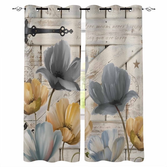 Spring Tulips Flower Black Out Curtains 72 Inch Long, Light Blocking Drapes with Black Liner, Vintage Floral Barn Doors Rustic Beige Thermal Blackout Curtains for Bedroom Living Room 52"x72" 2 Panels