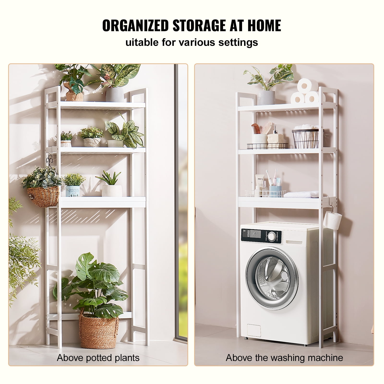 KFFKFF Bathroom Storage Above Toilet, 3-Level Adjustable Bamboo Organizer, Shelf Rack with Trio Hooks, Independent Assembly for Laundry Room Saving Space, Compatible with Various Toilets, White