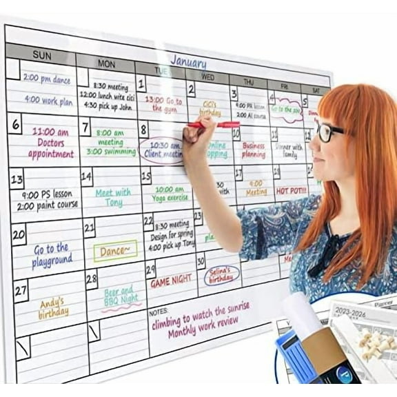 Dry Erase Monthly Extra Large White board Calendar for Wall, 25" by 38", Jumbo Laminated Erasable One Month Whiteboard Calendar, Huge Oversized Blank 30-Day Poster with Lines and Squares$$Office