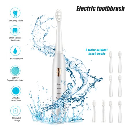 Sonic Electric Toothbrush with 8 Brush Heads for Adults and Kids, 5 Modes with 2 Minutes Build in Smart Timer, Rechargeable Electric Power Toothbrushes for 30 Days Using-White