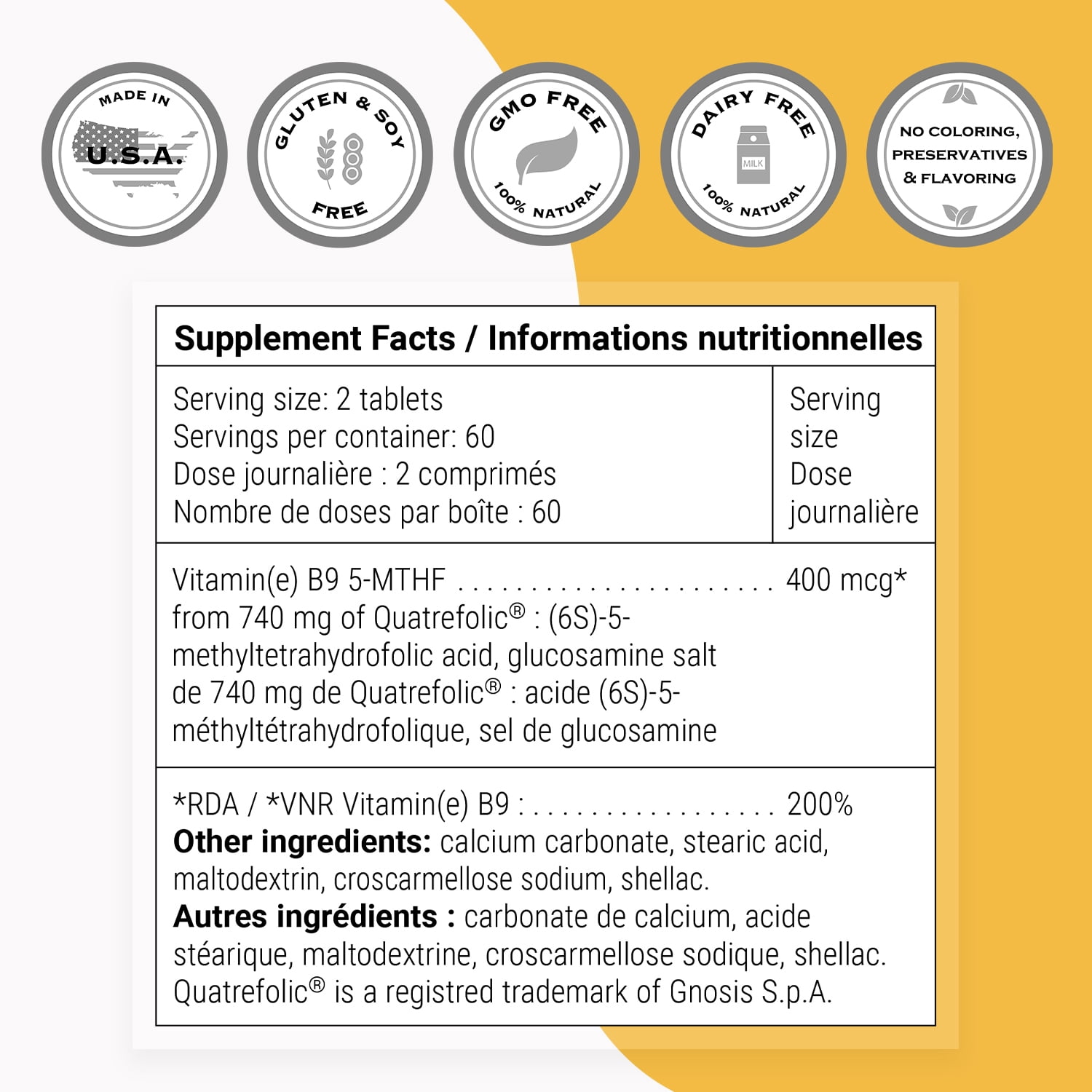SuperSmart SuperFolate 400mcg / 4g per Day (Patented & Bioavailable) - Quatrefolic 5-MTHF Supplement - Active Folate Vitamin B9 | Non-GMO & Gluten Free - 120 Tablets