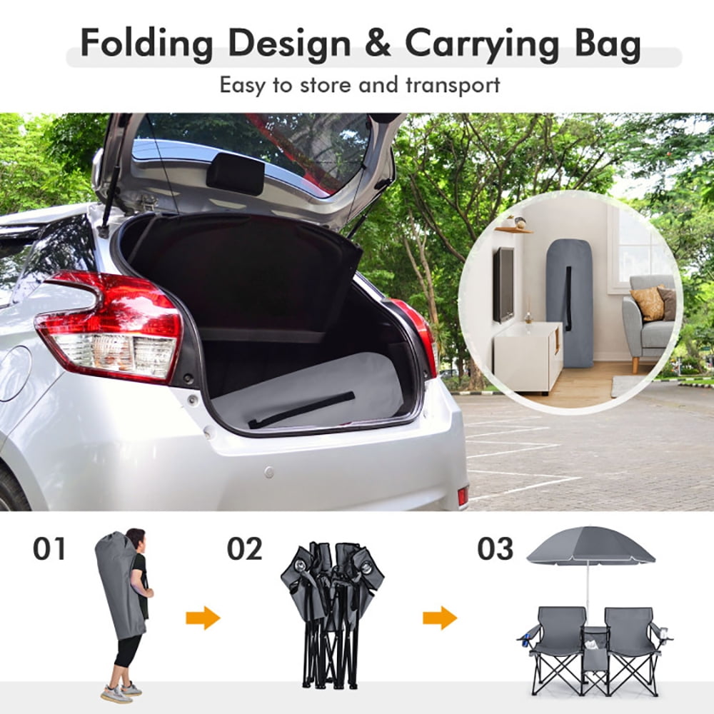 Aimee Lii Portable Folding Picnic Double Chair With Umbrella, Outdoor Beach Chair with Umbrella, Gray Aimee Lii Portable Folding Picnic Double Chair With Umbrella, Outdoor Beach Chair with Umbrella, Gray