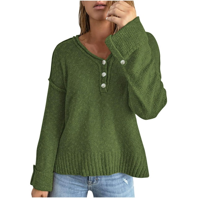 IROINID Women's V-Neck Pullover Sweater Solid Color Comfy Short Length Long Sleeve Button Knit Sweater Coat