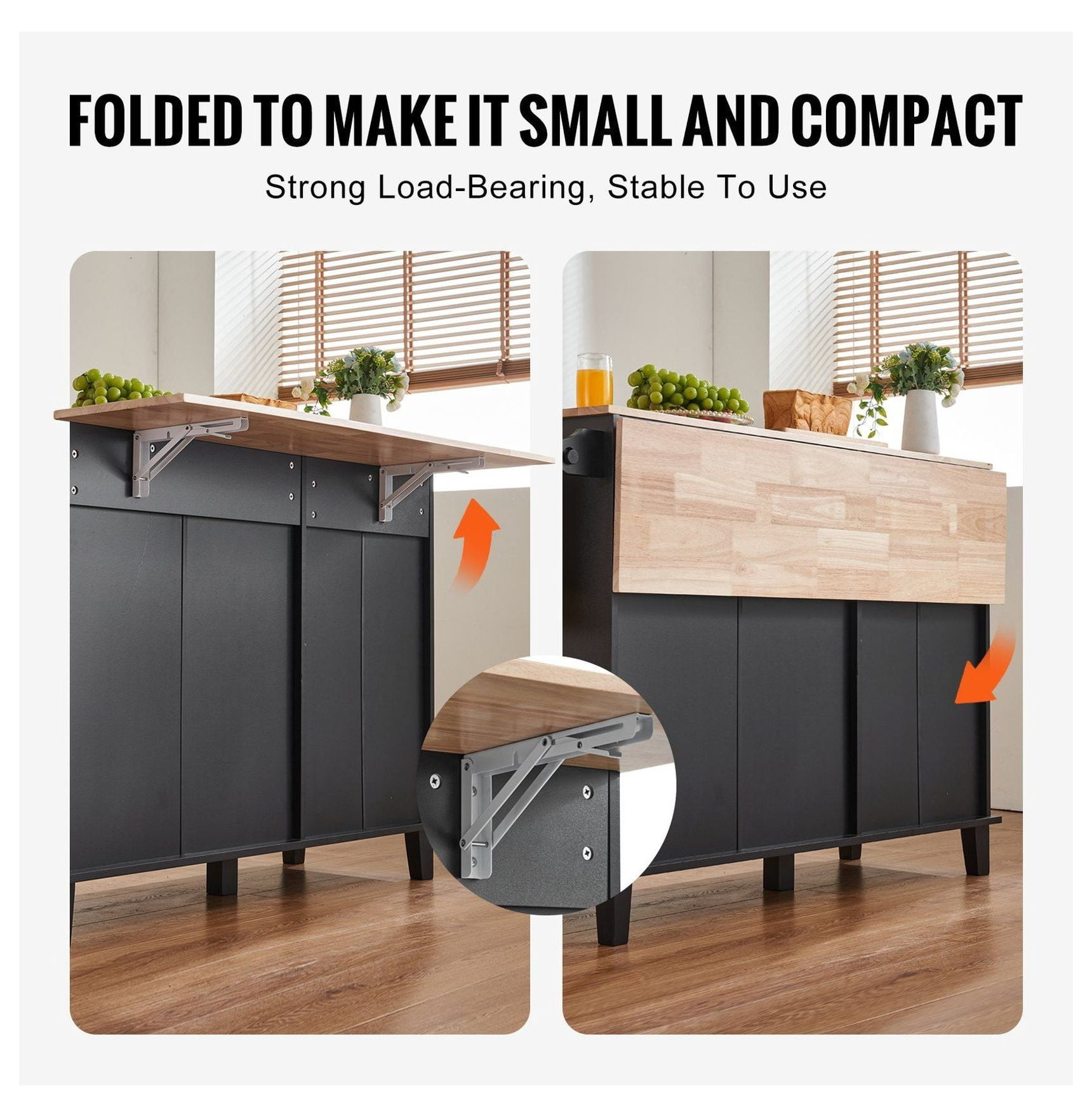 Kitchen Island Cart, 50" Wood Top with Trash Cabinet, Drop Leaf, Towel Bar - Farmhouse Table for Kitchen, Dining, Living Room - Black