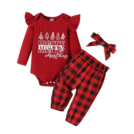 

Acuteok Baby Girls 3Pcs Christmas Outfits Long Sleeve Romper + Cartoon Print Pants + Headband Set Infant Fall Clothes