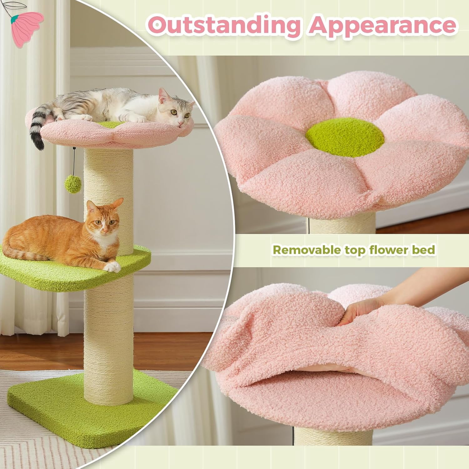 36.2’‘ Flower Cat Tree, Cat Scratching Post for Large Cats, Cat Tower with Super Thick Scratching Post [Dia=4.9''], Flower Cat Bed, Tall Cat Scratcher for Indoor Cats, Pink