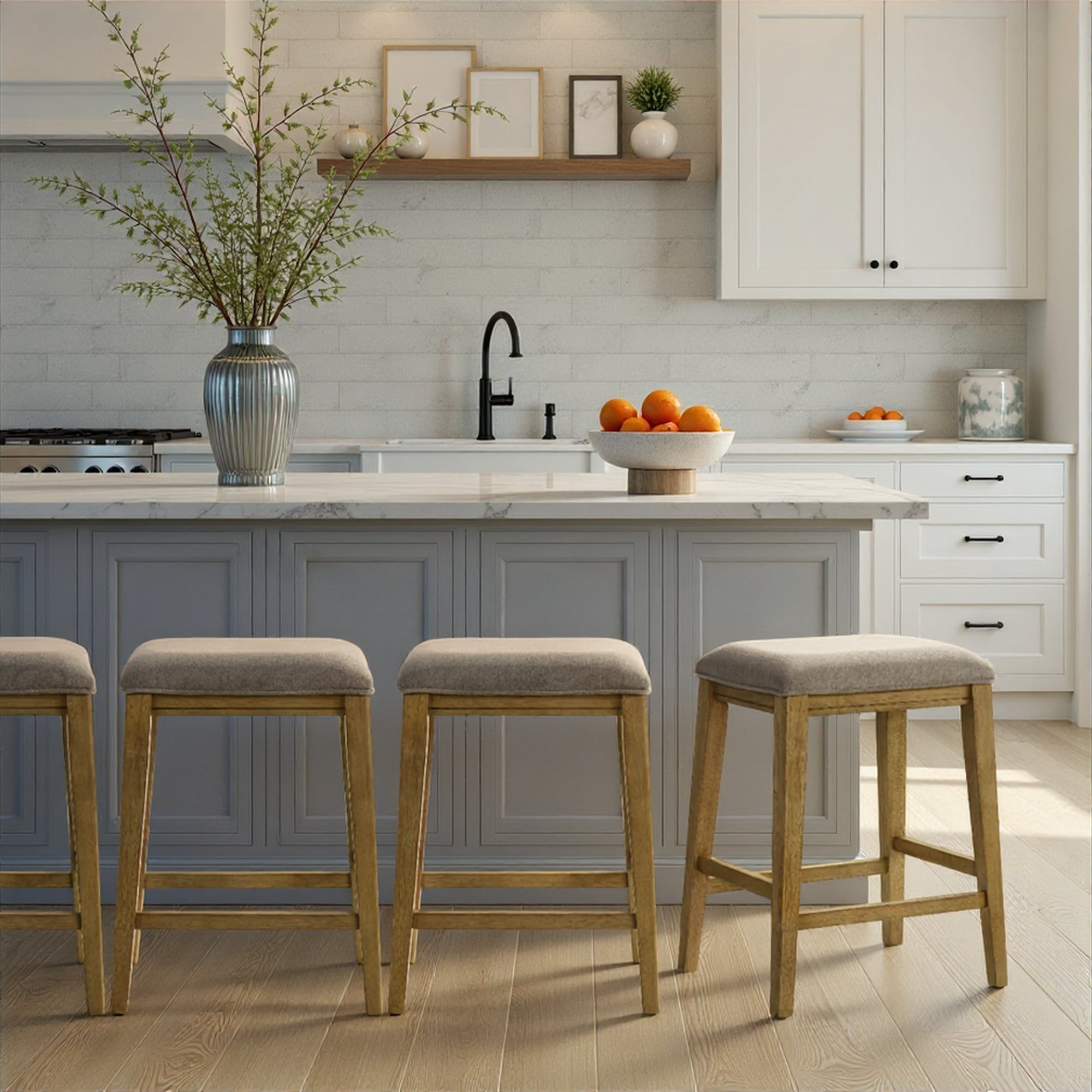 Jane Contemporary Transitional Wood Counter Height Kitchen Bar Stool in Amber Glow Finish with Taupe Fabric Upholstered Seat