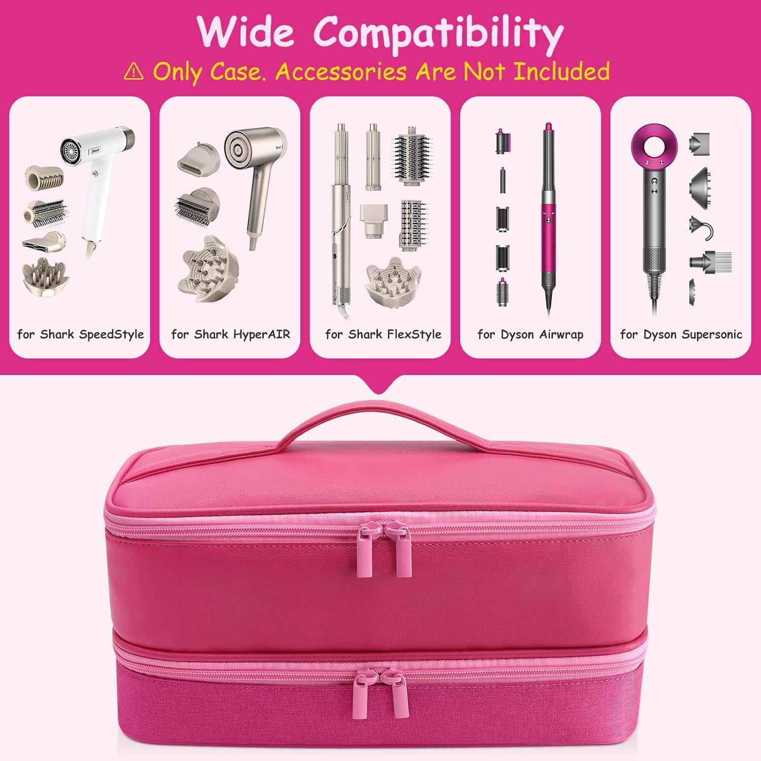 Travel Carrying Case for Hair Dryer for Shark Flexstyle Double-Layer Hair Accessories Tools Storage Bag for Revlon Hairdryer Styler Organizer (PINK)