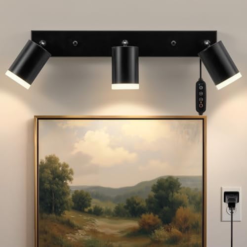 Plug in Track Lighting with14.3ft Power Cord for Kitchen Ceiling, Dimmable LED Spotlight Wall Outlet for Living Room, Black Matt 3 Light Fixture Removable Cup for Bathroom Studio, GU10 Socket No Bulb